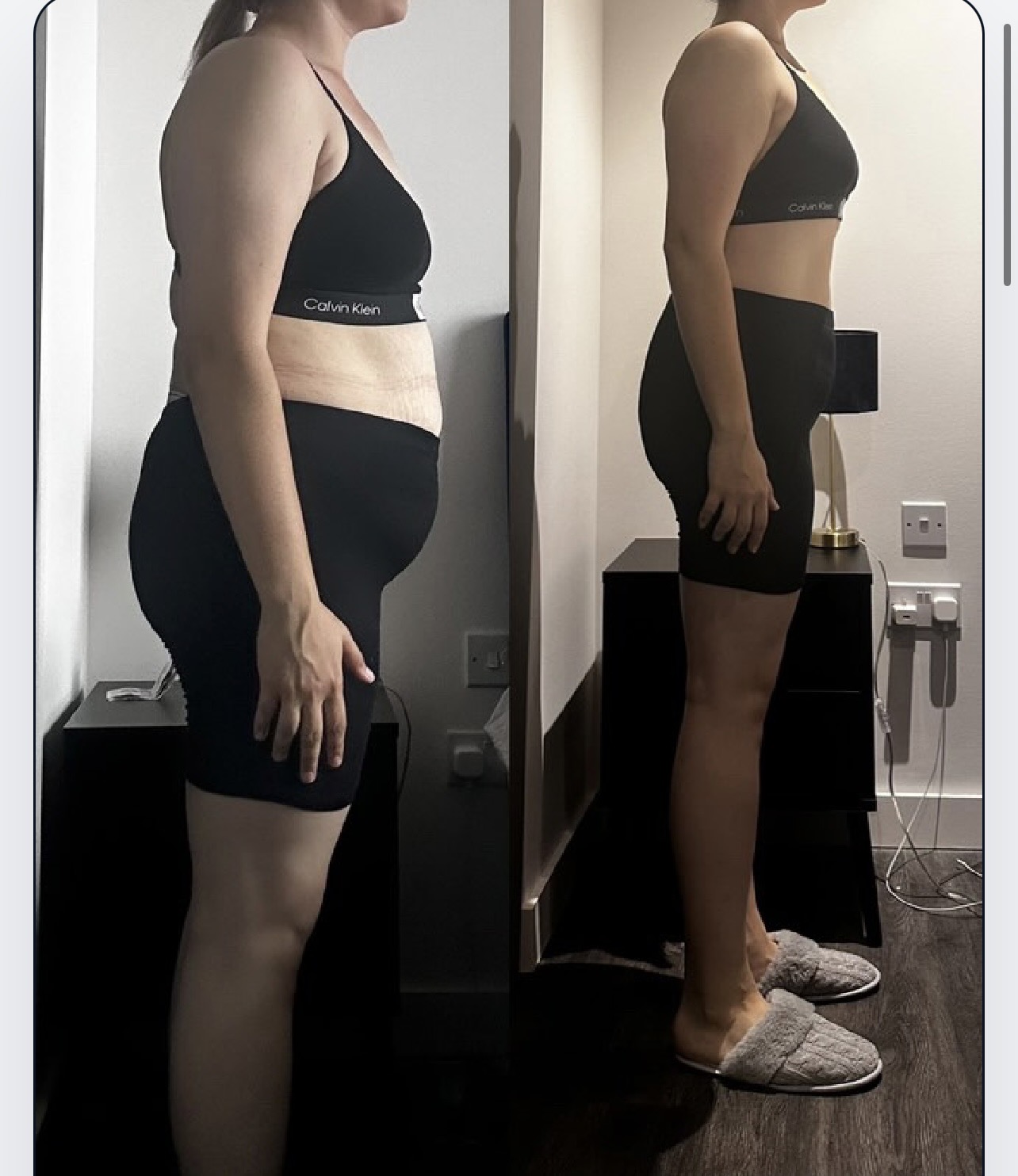 Client body composition progress shown from the side